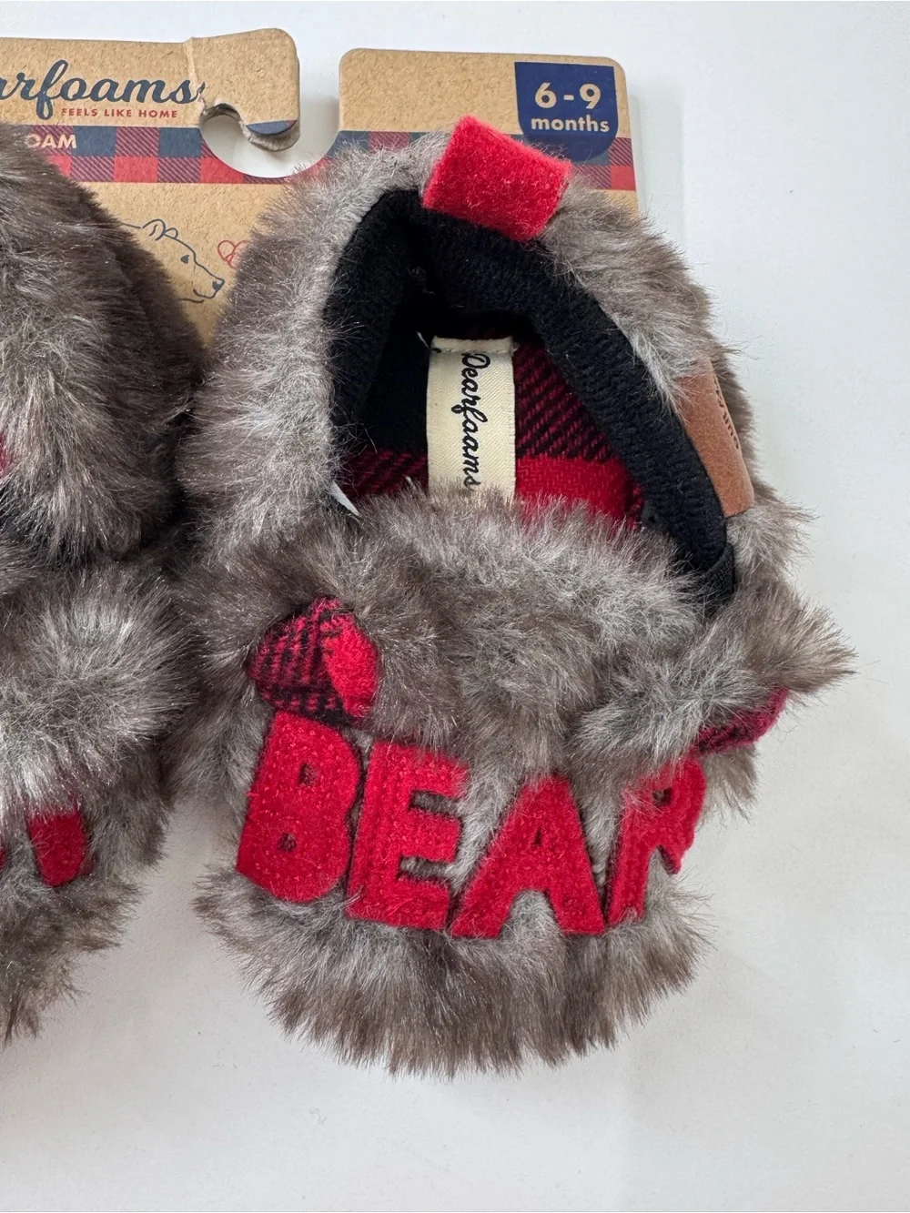 Dearfoams Baby Bear Slippers Red Plaid & Brown Frost Faux Fur New Size 6-9 Mo